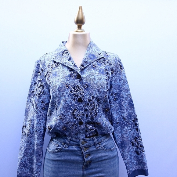 Coldwater Creek Twill Beaded Tops Button Down Long Sleeves, Size Petite Large - Picture 1 of 10